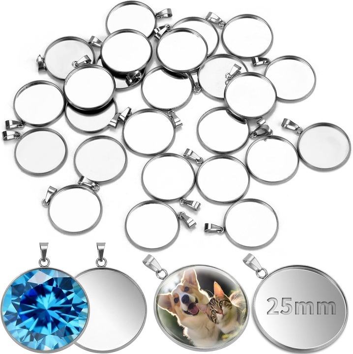 20 darabos DIY ékszer medál szett, rozsdamentes acél, üres kerek tálca kabosonnal, 25 mm belső méret, ezüst színű, ékszerkészítéshez és kézműves projektekhez