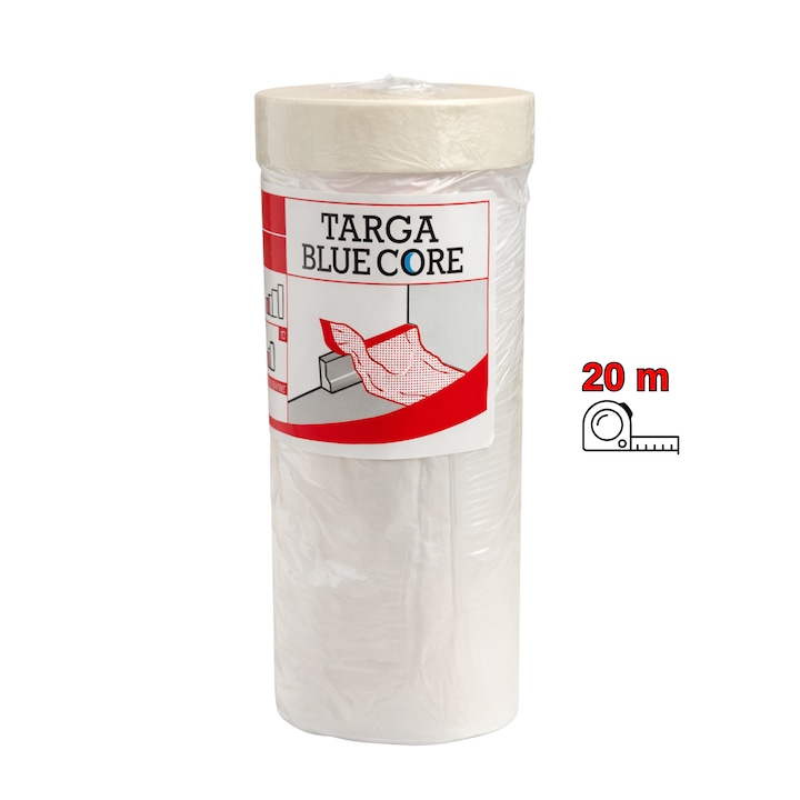 Folie de Protectie cu Banda Schuller Targa BlueCore, 210x20 m, Folie de Mascare cu Banda de Hartie, Ideala pentru Zugraveli si Protectia Suprafetelor