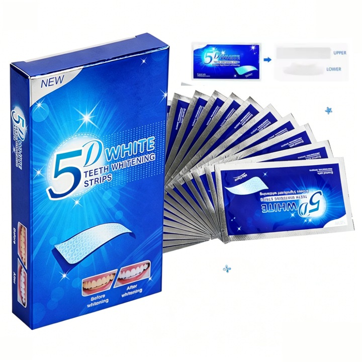 5D fogfehérítő csíkok, 14 pár, kíméletes formula érzékeny fogakra, eltávolítja a kávé-, tea- és dohányfoltokat
