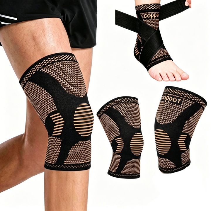 2 db kompressziós térdvédő rézszálból + 1 sport bokatámasz, unisex, fekete, univerzális méret