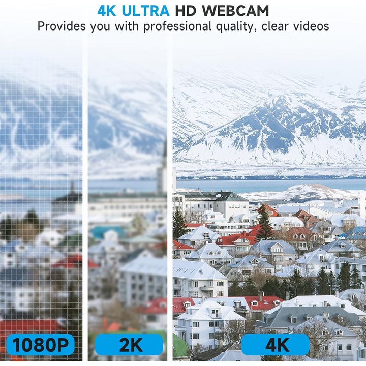 Уеб камера 4K Full HD, Fain Mioritic®, Включва статив, автофокус, микрофон с шумопотискане и калъф за уеб камера, Plug and play, въртене на 360°, съвместима с различни операционни системи, Идеална за видеоконференции, стрийминг на медии и др