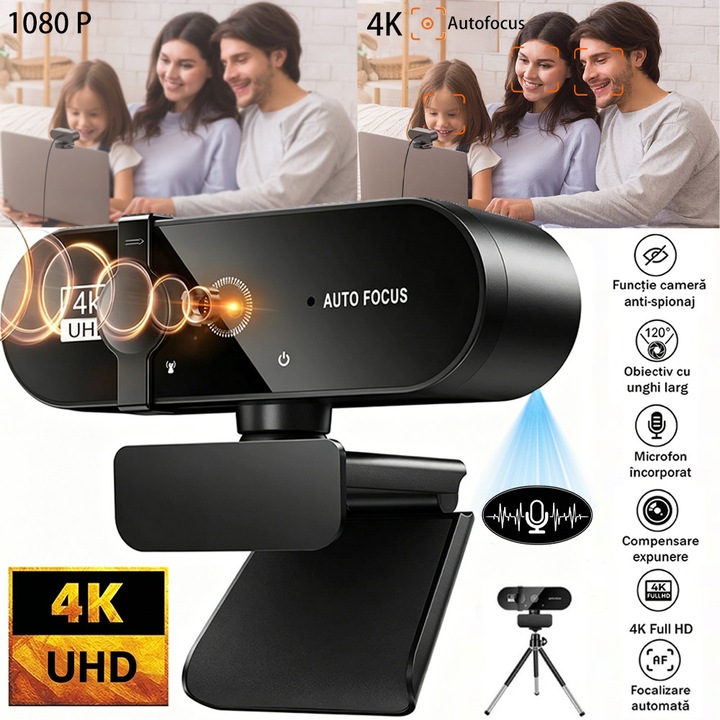 Camera web 4K Full HD, Fain Mioritic®, Include trepied, autofocus, microfon cu anulare a zgomotului si husa pentru camera web, Plug and play, rotire la 360°, ompatibil cu diverse sisteme de operare, Ideal pentru videoconferinte, streaming media etc