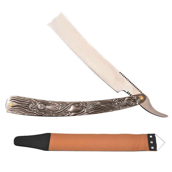 Brici pentru ras Sincise, BOMSTOM, cu panza de ascutit, lama integrata, maner sculptat 3D, 17 cm, Argintiu