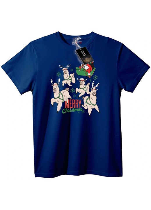 Tricou Crăciun Fericit cu Moș Crăciun și Ren, Bleumarin