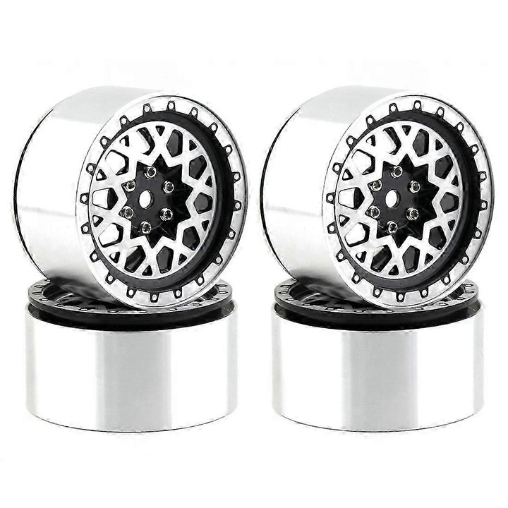 4 db Beadlock 2.2 colos fém felni RC Crawler 1/10-hez, fekete + ezüst, méretek 65x35mm, 12mm hatszög