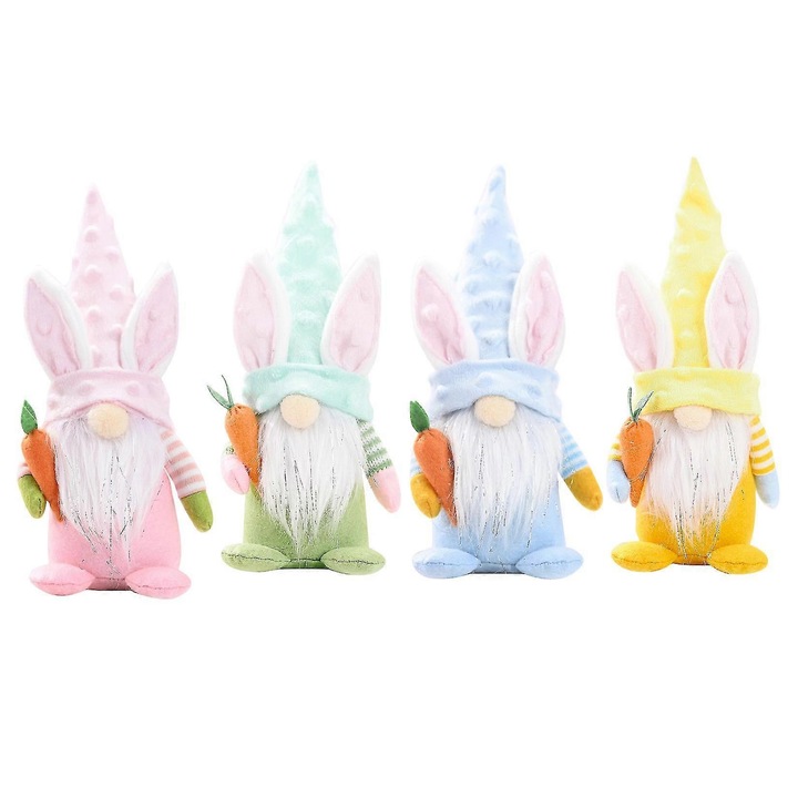 Set 4 Jucarii de Plus Gnomi Iepuras de Paste, Multicolor, 25x9cm