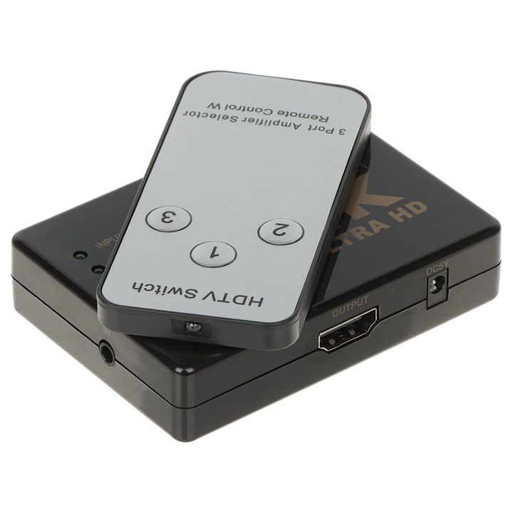 HDMI videó kapcsoló SW-3/1-IR-4K, 3 bemenet, 1 kimenet, 4K UHD, távirányítóval, 82x59x19mm, Delta