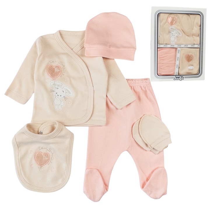 Set 5 piese pentru Nou Nascuti, Model Iepuras, Coral 62 CM