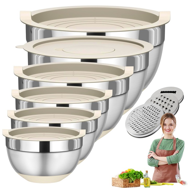 Set De Boluri De Amestecat Cu Capace Etanse, 9 Bucati Boluri Metalice Suprapuse Din Otel Inoxidabil Cu Accesorii Pentru Razatoare, Marimi 6.5L/3L/2.35L/1.85L/1.4L/1L Pentru Amestecat Si Servit