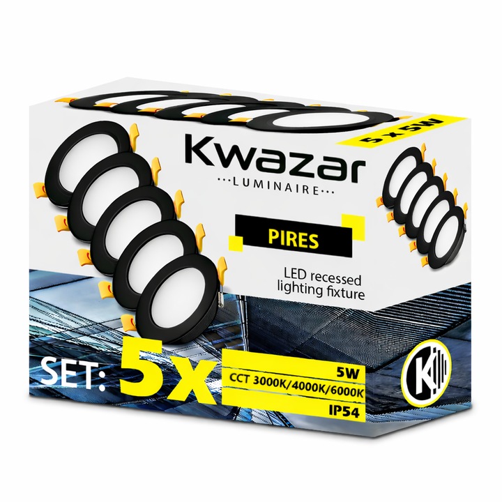 Spoturi, Kwazar Luminaire, PIRES, Spot LED de Tavan Pentru incastrare 230V, Rotund 9, 5 cm, 5W, 5 bucati Negru