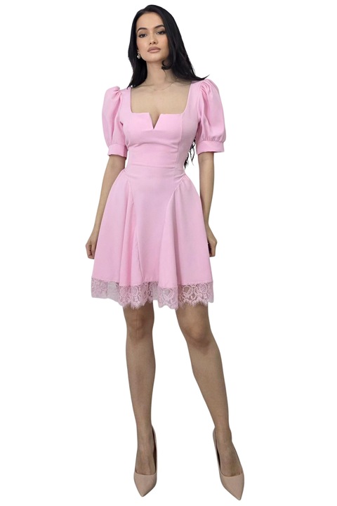 Rochie scurta babydoll Amandine, cu spatele gol si cordon, Roz, Marime universala S/M, FashionForYou