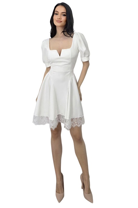 Rochie scurta babydoll Amandine, cu spatele gol si cordon, Alb, Marime universala S/M, FashionForYou