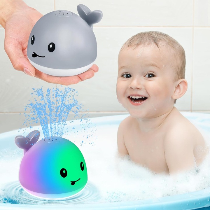 Jucarie de baie Balena RQQM® Interactiva, Tip Sprinkler cu Lumini Colorate, Senzor de Apa, Reincarcabila, Ideala pentru Bebelusi si Copii 1-3 Ani, Gri