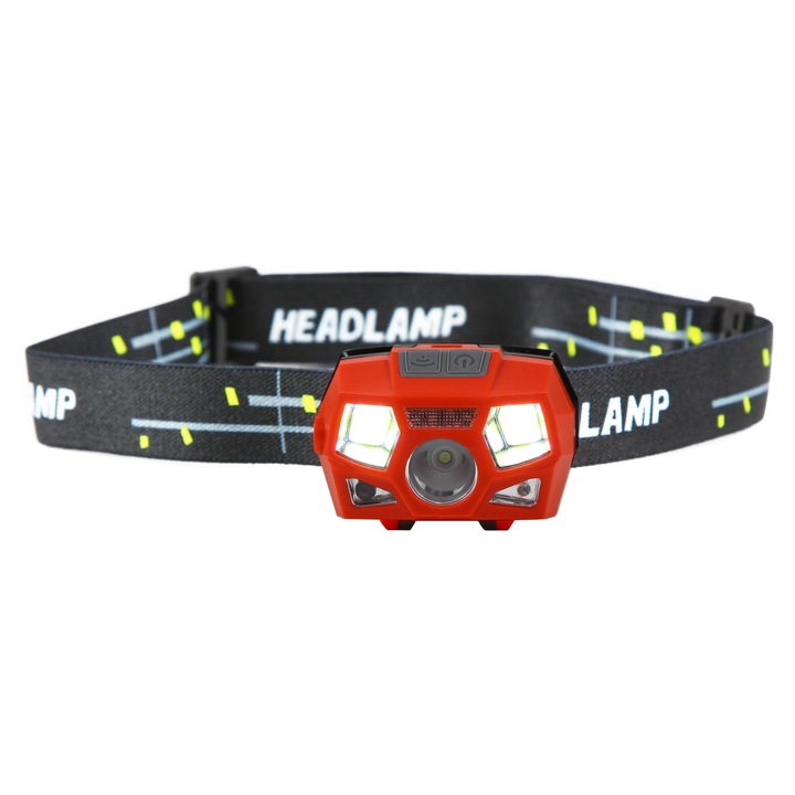 Lanterna LED frontala Hoff, cu senzor, acumulator, 1 LED alb 3W + 2 LED-uri COB 3W + 1 LED rosu 0.1W