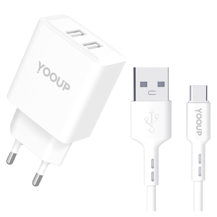 Adaptor de încărcare de rețea YOOUP NC76-B dublu 12W, cu cablu USB-C de 100 cm