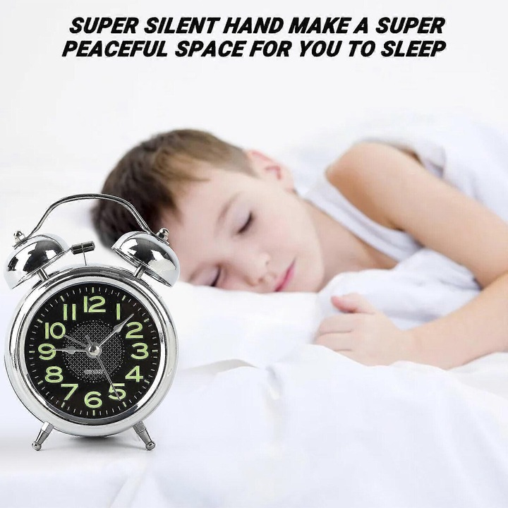 Ceas de birou retro, bronz antic, functie de lumina nocturna, 3 inch, argintiu