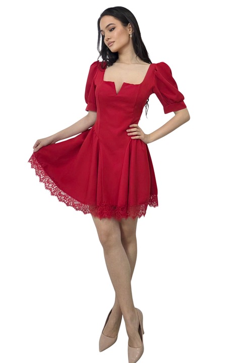 Rochie scurta babydoll Amandine, cu spatele gol si cordon, Rosu, Marime universala S/M, FashionForYou