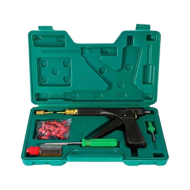 Set unelte reparare anvelope tubeless, 1 pistol de reparare, 1 instrument de sondare, 2 duze, 1 cutie de ambalare, multe capete de cauciuc