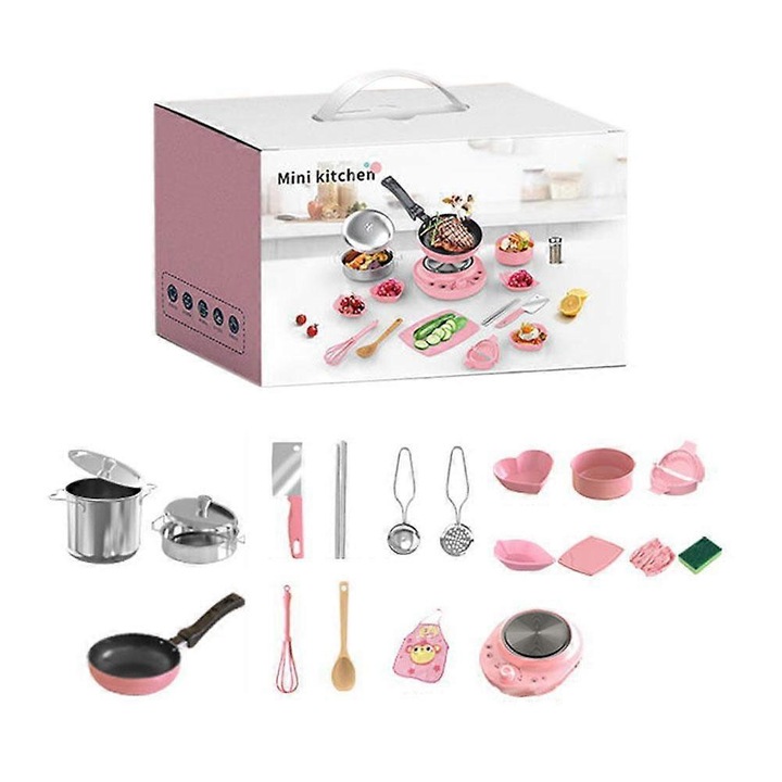 Set bucatarie pentru copii, roz si albastru, ustensile de gatit, 1 aragaz electric, 1 tigaie antiaderenta, 1 oala, 1 spatula din lemn, 2 farfurii in forma de inima, 2 farfurii in forma de frunza, 1 bol mic, 1 tocator.
