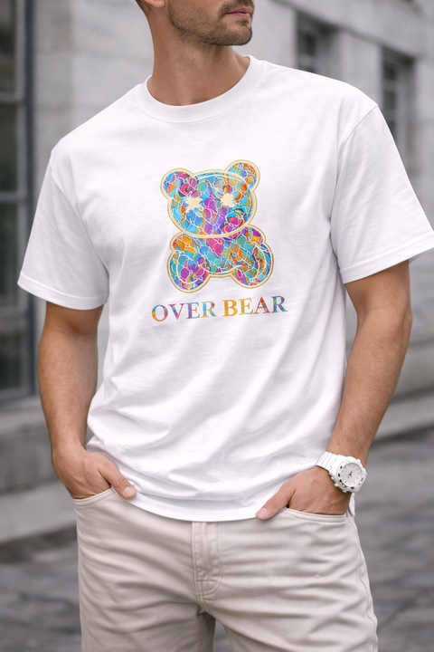 Tricou barbati Over Bear Multicolor, Alb