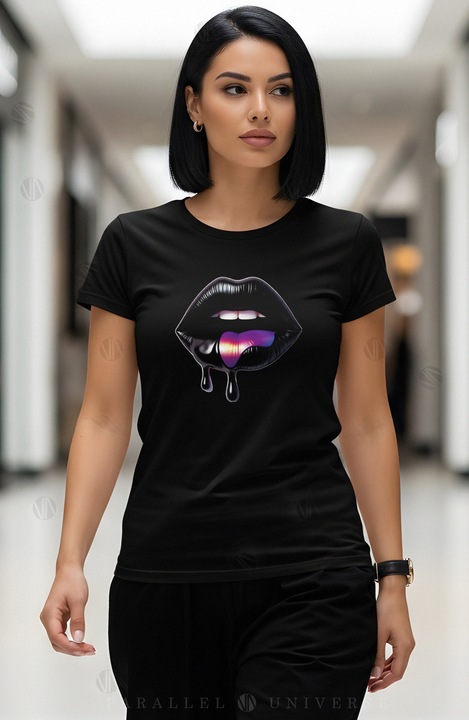 Tricou dama Lips Glossy Purple, Negru, S