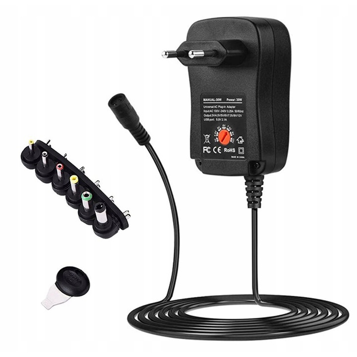 PIXEL 30W univerzális adapter, 3-12V, 6 cserélhető csatlakozó, kompakt