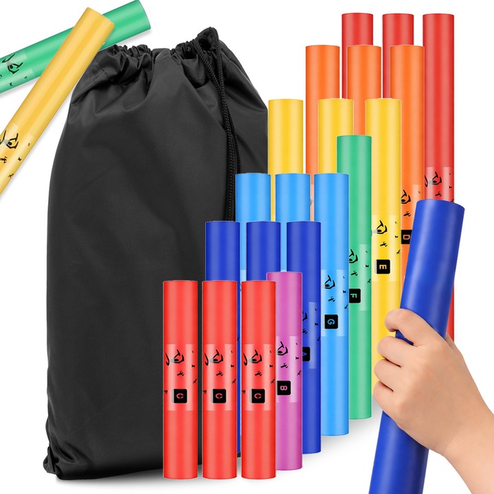 Set instrumente muzicale de jucarie, PIXEL, 20 tuburi diatonice colorate, cu husa, dimensiuni 29,5x63cm, pentru copii 3+