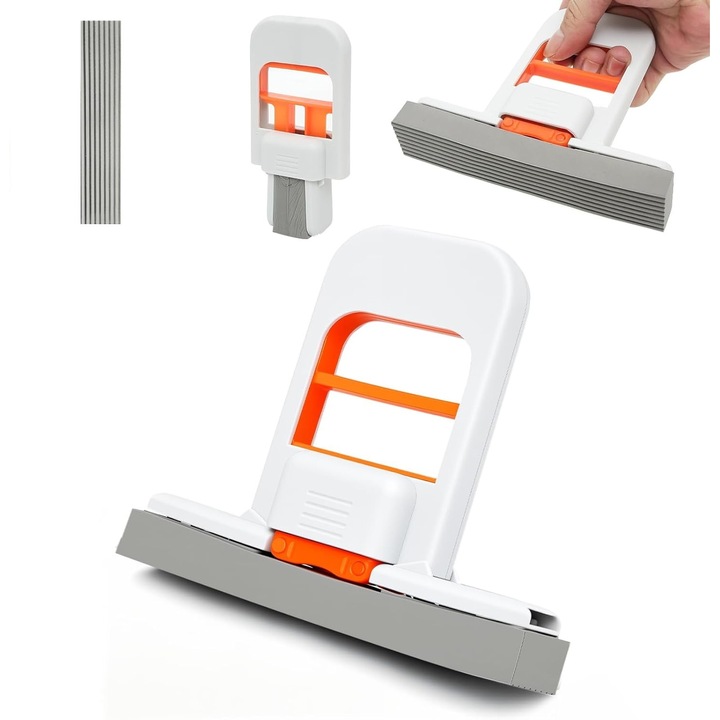 Mop mini portabil, Flyme, cap de maturare rotativ, stoarcere automata, utilizare atat pentru suprafete uscate, cat si umede, potrivit pentru pereti, baie, bucatarie, oglinda, PVC, Alb