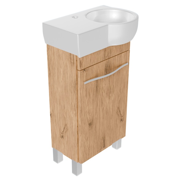 Dulap De Baie Si Lavoar, paplinskimoebel, Burgos, Chiuveta Ceramica Alba Cu Orificiu Pentru Baterie Si Sistem De Supraplin, Mic, ingust, Subtire, Rezistente La Apa, Picioare Reglabile, 34 Cm X 50 Cm X 88 Cm, Stejar Lancelot Mat