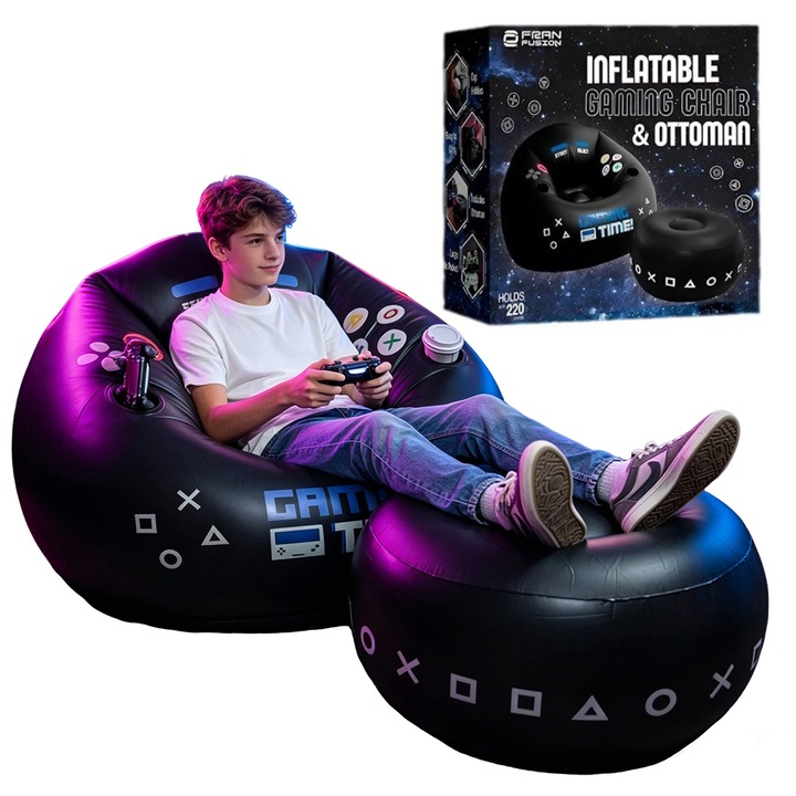 IDAMAKON Felfújható Gaming Szék Gyerekeknek, Lábtartóval, Pohártartóval és Kontroller Tartóval, Hordozható, Összecsukható, Kényelmes, Ergonomikus Kialakítás, Hálószobába, Utazáshoz, Szabadtéri Kempingezéshez, PVC, 105x105x75 cm, Fekete