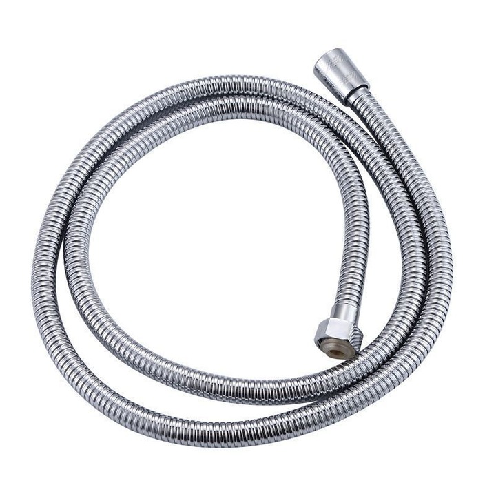 Hose de dus, 2m, anti-intortocheat, inox, extensie cu insertii din alama, set pentru baie si curatare, argintiu