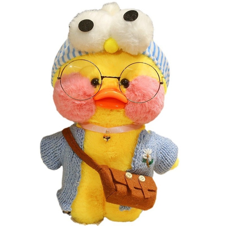 Jucarie de plus, rata cu acid hialuronic, bentita albastra, cardigan albastru, 30cm