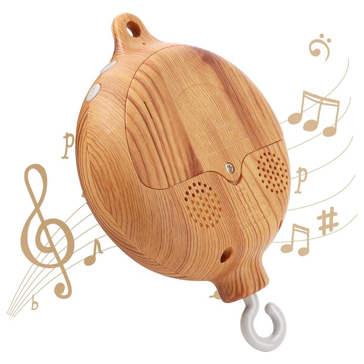 Carusel Muzical Patut RQQM® Motor Rotativ cu Aspect de Lemn, Carlig Rotativ la 360 Grade, pentru Relaxare si Somn Linistit, Maro