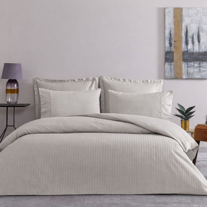 Lenjerie de pat dublu premium satin de lux, 240x260 cm, 6 piese, TAC, Stripe Gri deschis