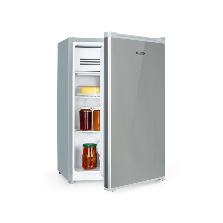 Frigider cu congelator Klarstein Delaware, 75 litri, congelator 4 l, clasa energetica E, Argintiu, 70 cm inaltime