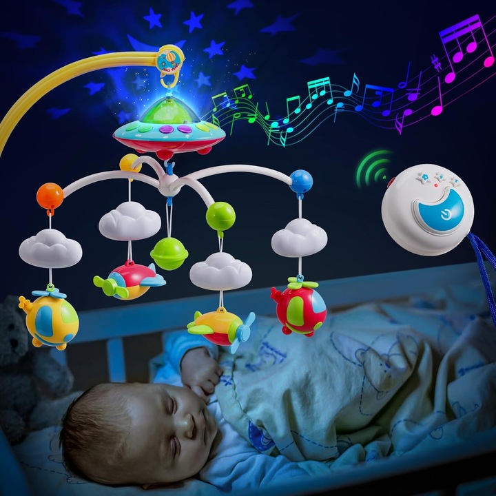 Carusel muzical pentru patut RQQM® cu Proiector de Lumini, Telecomanda, 108 Melodii, Rotatie 360 Grade, pentru Bebelusi 0-24 Luni
