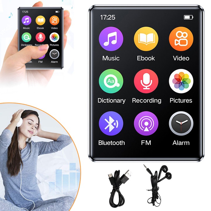 MP3 плейър с Bluetooth, MP4 плейър, преносим цифров музикален плейър без загуба, 2,4-инчов пълен тъчскрийн, FM радио, гласов рекордер, включени слушалки, поддържа до 128 GB