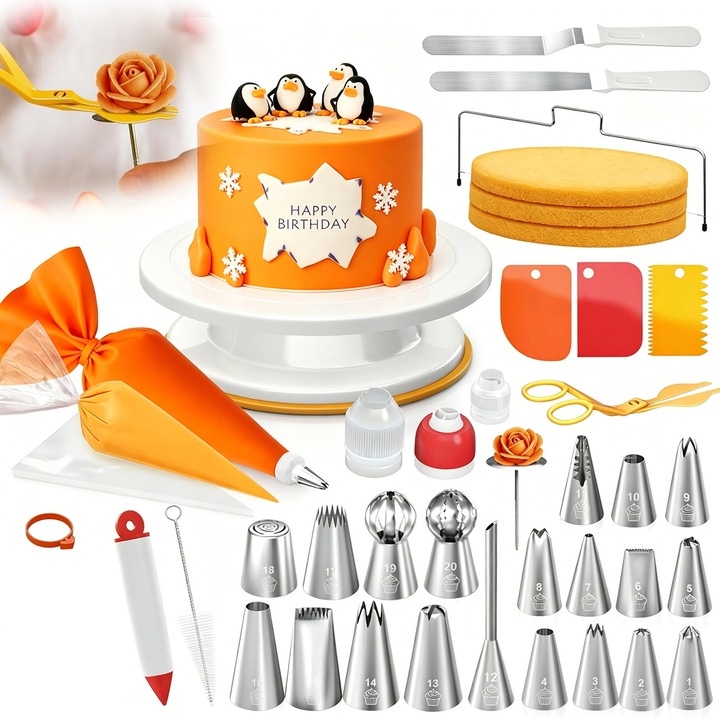 Forgó Tálalókészlet, Díszítőcsövek, Habzsákok, Spatulák, Tortalap Vágó, Torta Kiegészítők, Szilikon/Rozsdamentes Acél, Többszínű