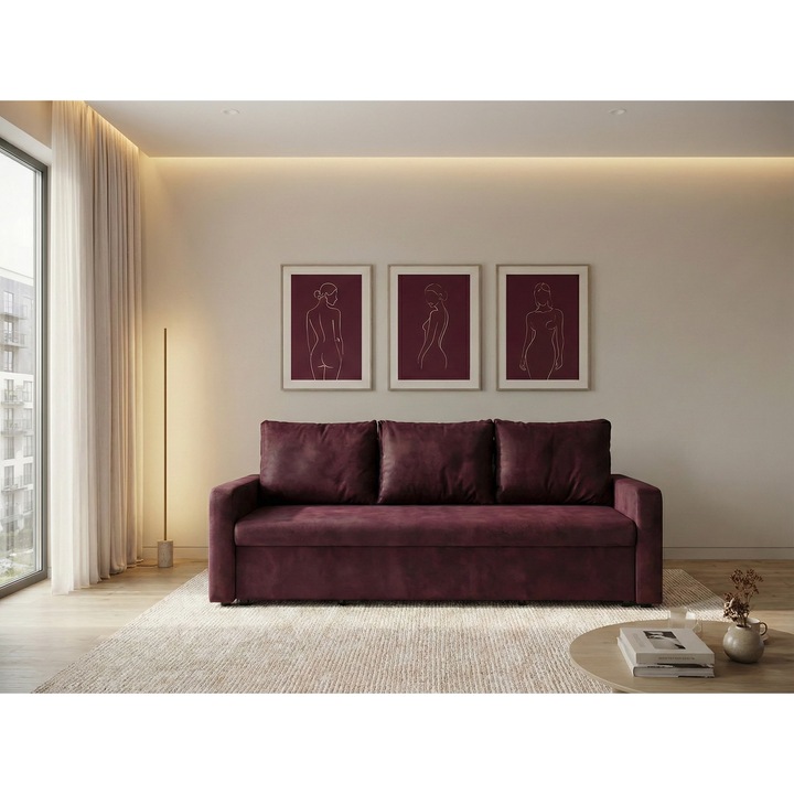 Canapea 3 locuri Tokyo, cu lada de depozitare, material rezistent la pete, sezut cu arcuri, 229x91x95 cm, Burgundy Pet Friendly