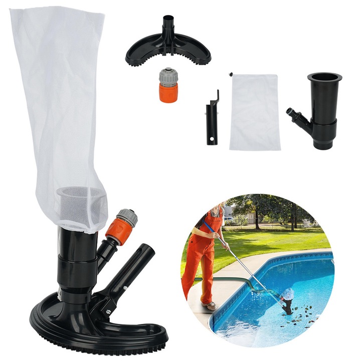 Juksun Aspirator pentru piscina, Aspirator portabil pentru piscina Aspirator pentru podea, punga reutilizabila din plasa 35x22cm, perii pentru depuneri, material ABS rezistent Pentru piscine, iazuri