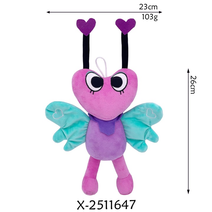 Jucarie de plus - Fluture in forma de inima, albastru si roz, 26x23cm