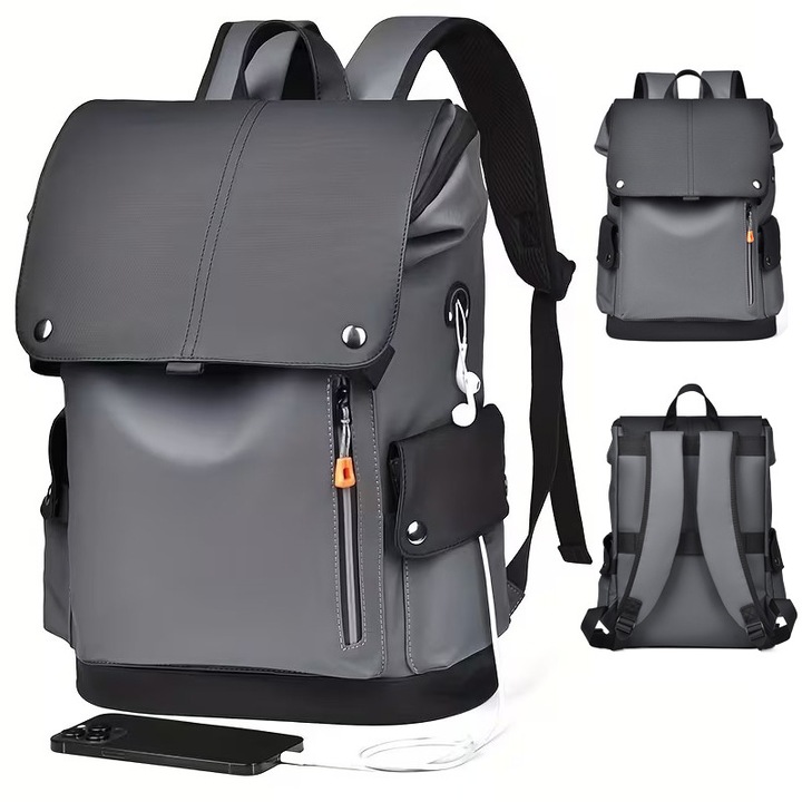 16 hüvelykes laptop hátizsák, USB port, víz- és karcálló, hétköznapi és utazáshoz, Fekete/Szürke