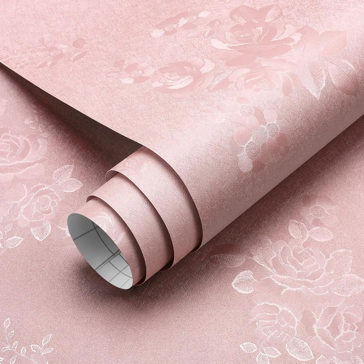 Tapet autoadeziv roz, tapet floral, hartie de perete autoadeziva cu flori roz in relief de matase, hartie de contact texturata detasabila pentru dulapuri, sertare, comode, 60X500CM, roz