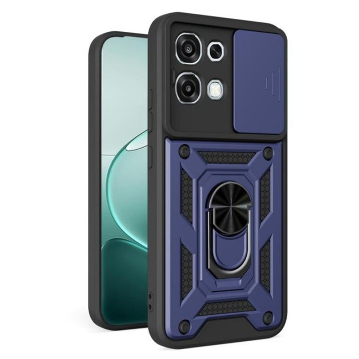 Husa Spate Upzz® Camshield Compatibila Cu Oppo A6 Pro 4G / A6 Pro 5G, Protectie La Camere, Inel Metalic, Stand - Albastru