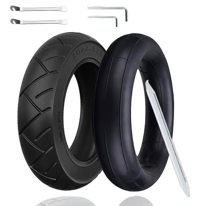Anvelopa trotineta 10x2.125 cu camera, antiderapant, supapa 0°, set cu 3 unelte montaj