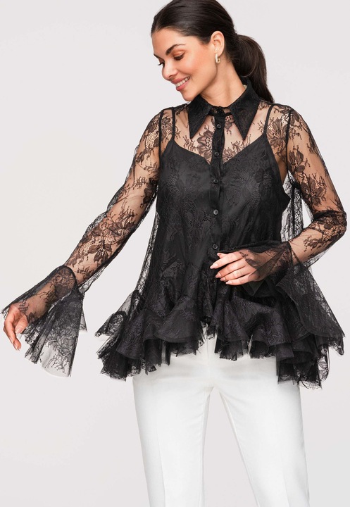 LARICA Bluza Dama Dantela Maneca Lunga Moderna Eleganta, Negru