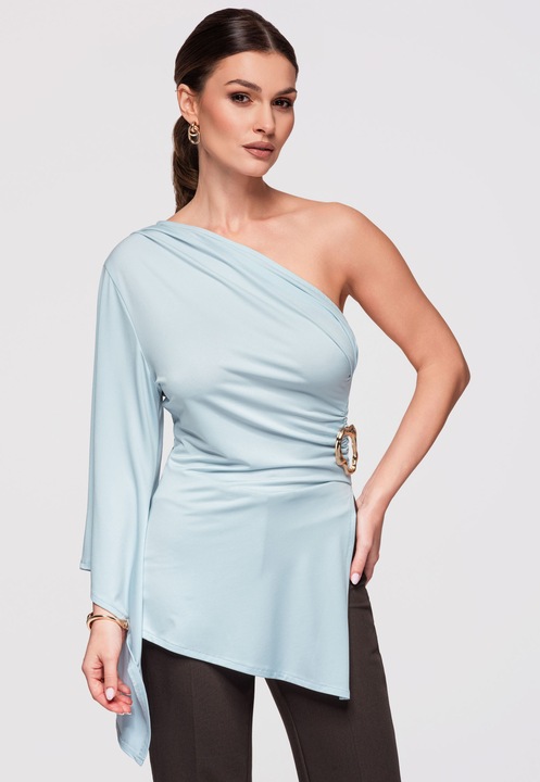 LARICA Tunica Asimetrica cu Maneca Lunga, Jersey Elastic, Croiala Moderna, Albastru