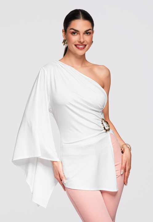 LARICA Tunica Asimetrica cu Maneca Lunga, Jersey Elastic, Croiala Moderna, Alb