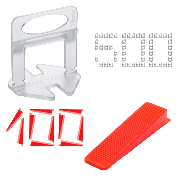 Set 500x Cleme 1.5 mm si 100x Pene pentru sistem nivelare gresie si faianta, Alb, Rosu, Galben