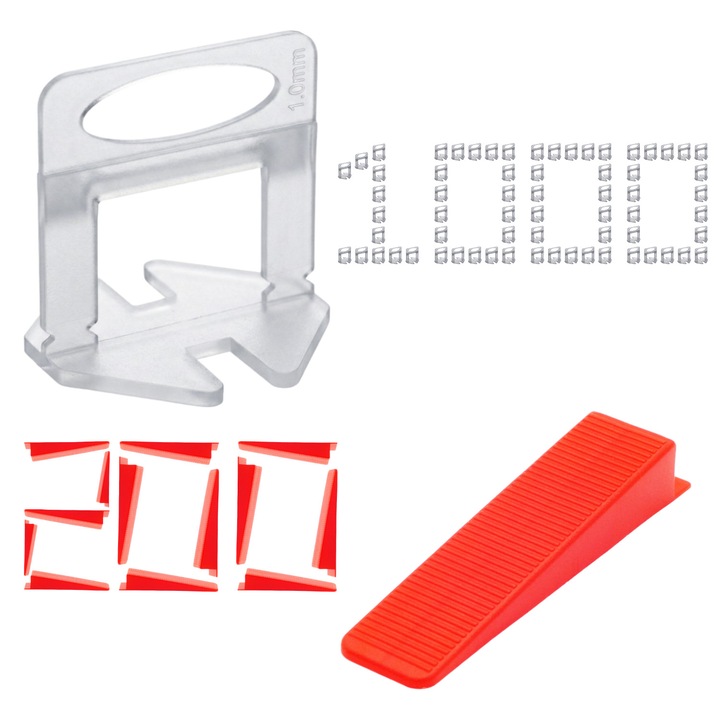 Set 1000x Cleme si 200x Pene nivelare, pentru placi ceramice, gresie, faianta, rost 1.0 mm, Alb, Rosu, Galben